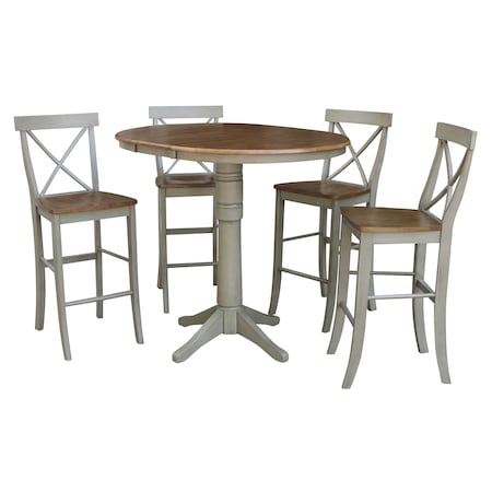 International Concepts Round 36 in Rd Extension Dining Table, 4 X-back Bar Height Stools, Hickory/Stone, 36 W, 48 L, Wood K41-36RXT-27B-S6133-4